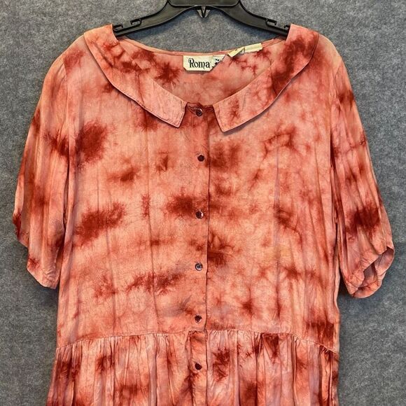 Vintage ROMANCE Top Medium Peach Blouson Tie-Dye Button Front Tunic Short Sleeve - Picture 2 of 16